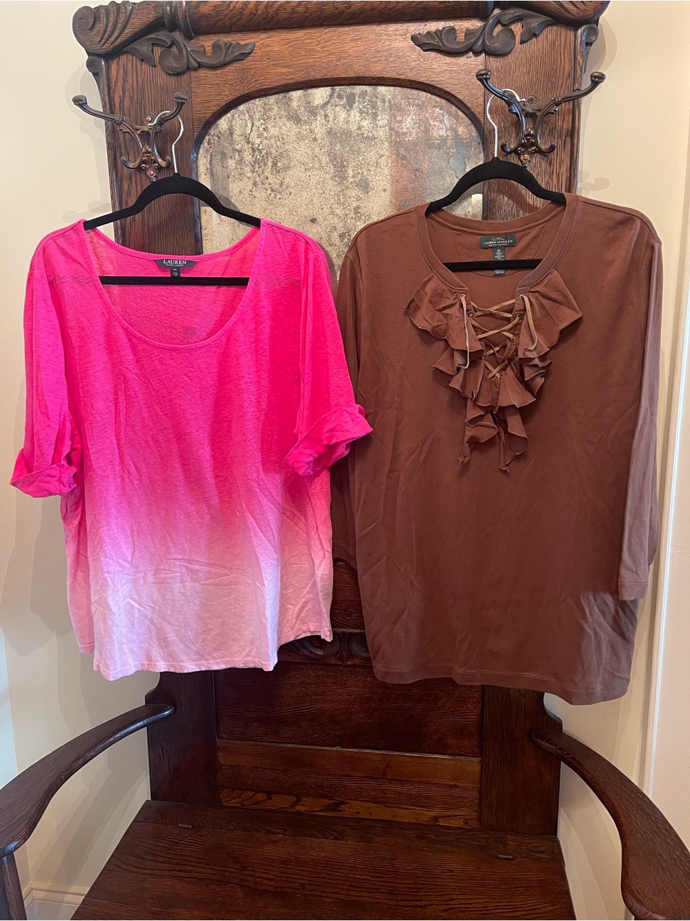 Ralph Lauren Shirt Top - Set of 2 - Brown V Neck Ruffle - Pink Ombre Linen - 3X